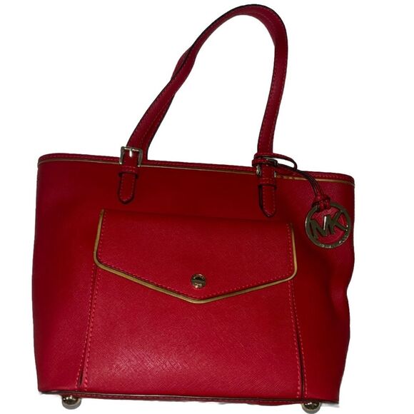 Michael Kors Leather Snap Pocket Tote Red Handbag - Picture 4 of 16